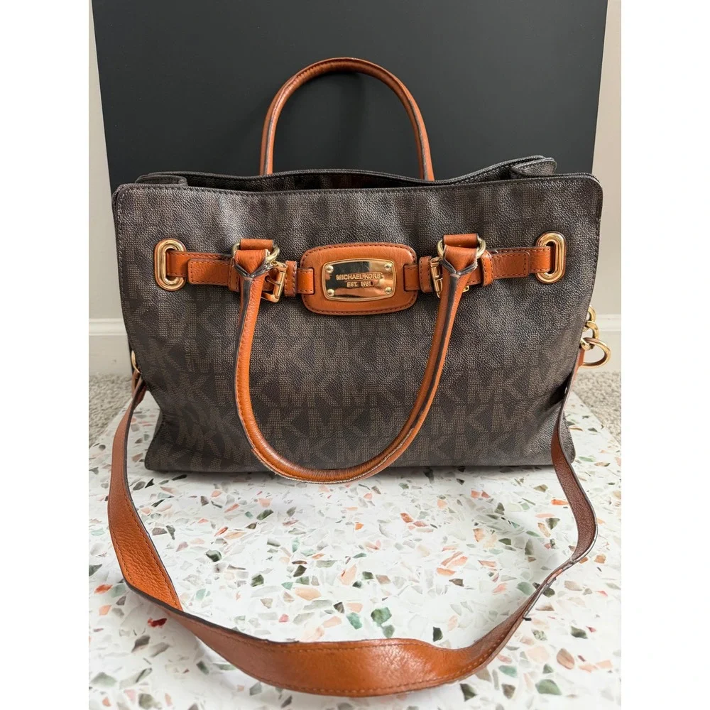 Michael Kors Hamilton Satchel Brown Logo PVC Leather Preppy Classic Tote Bag